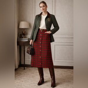 Eagle’s Eye Vintage Red Green Plaid Button Front Midi Skirt Size 10